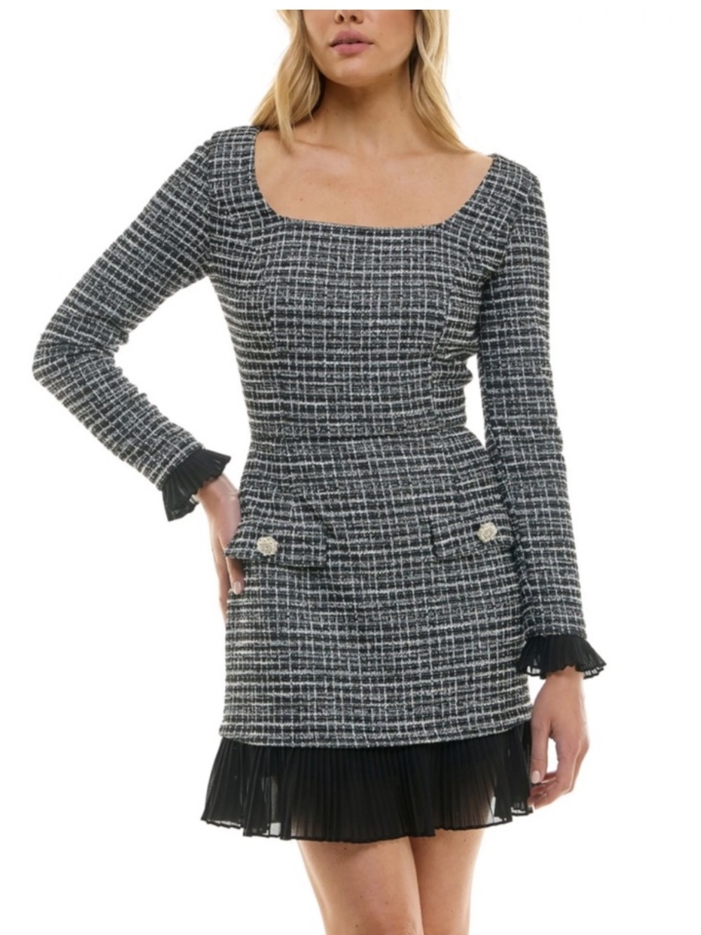NWT Taylor Black and White Tweed Square-Neck Mini Dress with Pleated Hem Pearls
